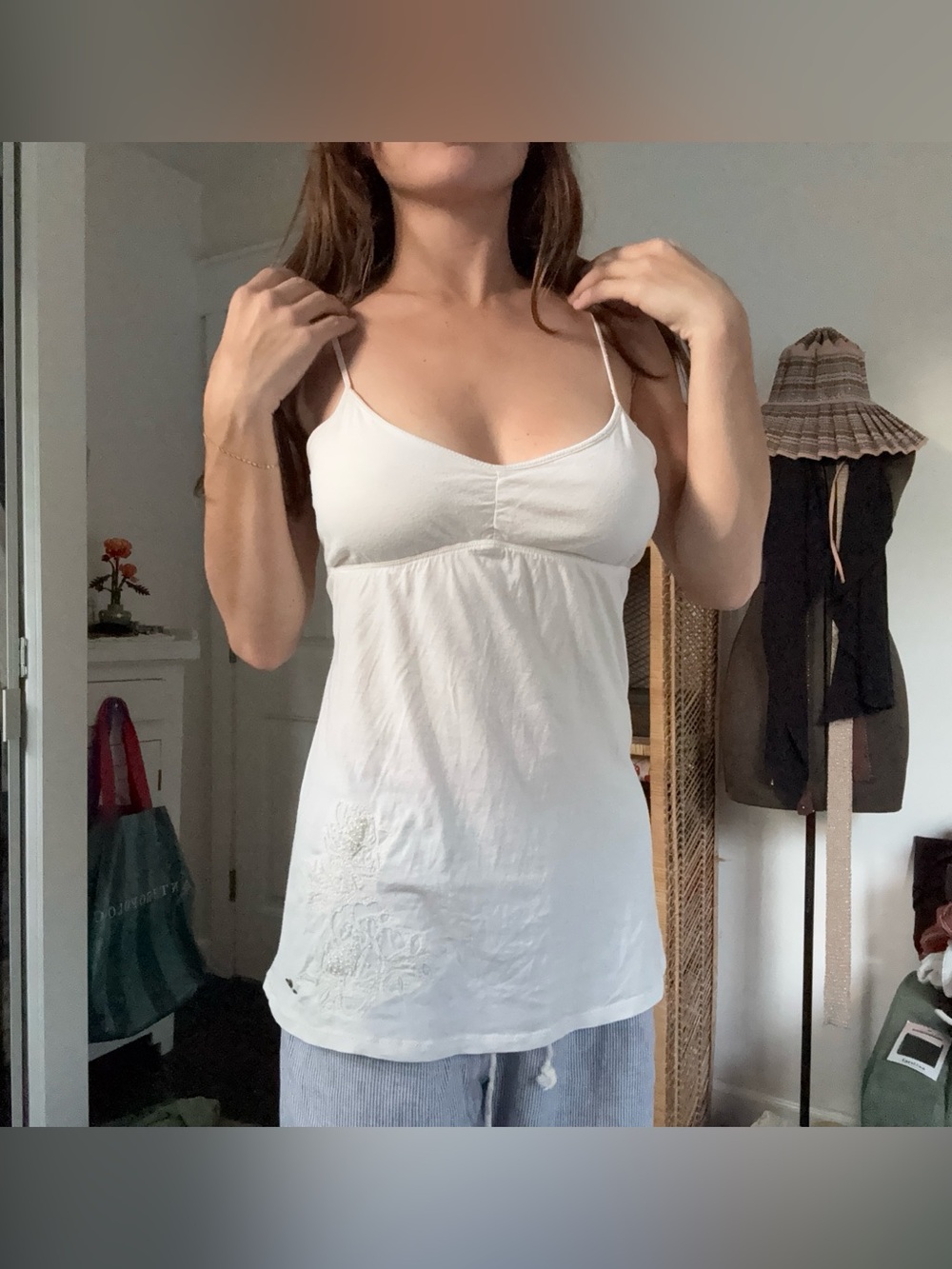 Vintage Y2K Abercrombie & Fitch Ivory Floral Babydoll Cami M Embroidered Beaded - Picture 7 of 9